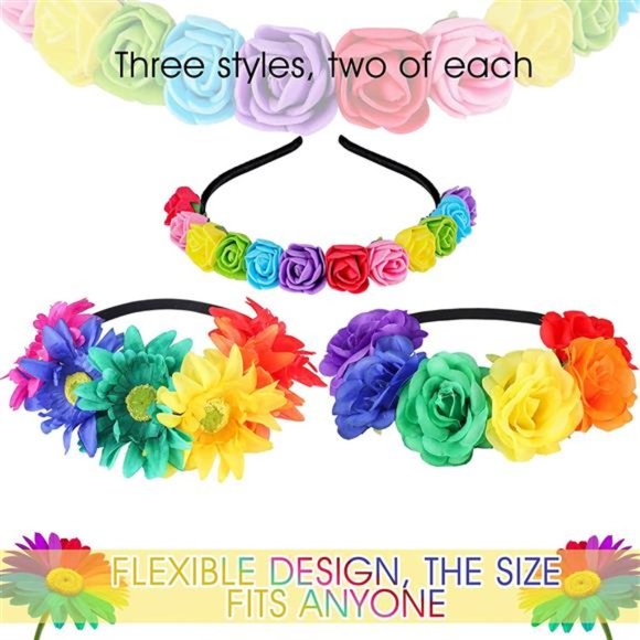 6 Pcs Boho Floral Crown Stretch Rose Flower Headband Girls Rainbow Headband main image 4